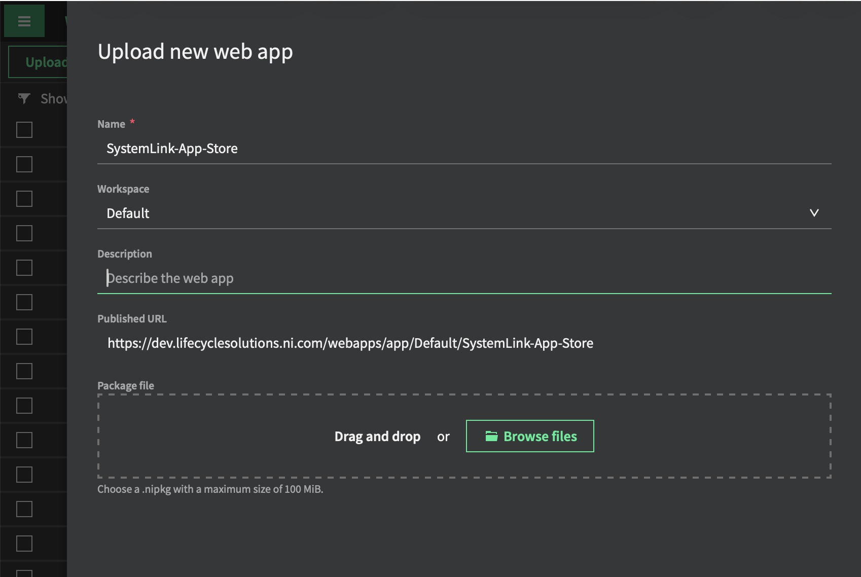 SystemLink Web Applications — Upload new web app dialog